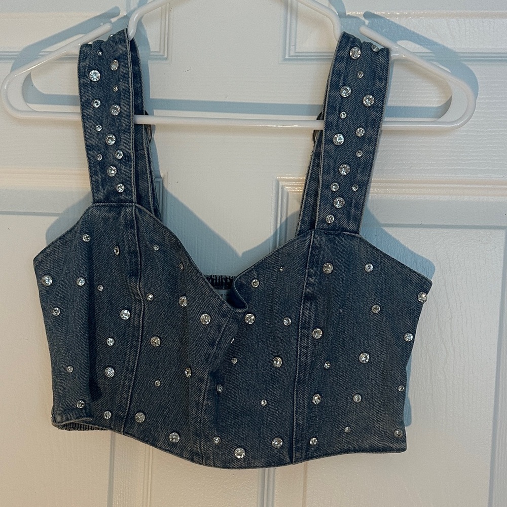 Show Me Your MuMu Denim Embellished Crop Top nwot (7)